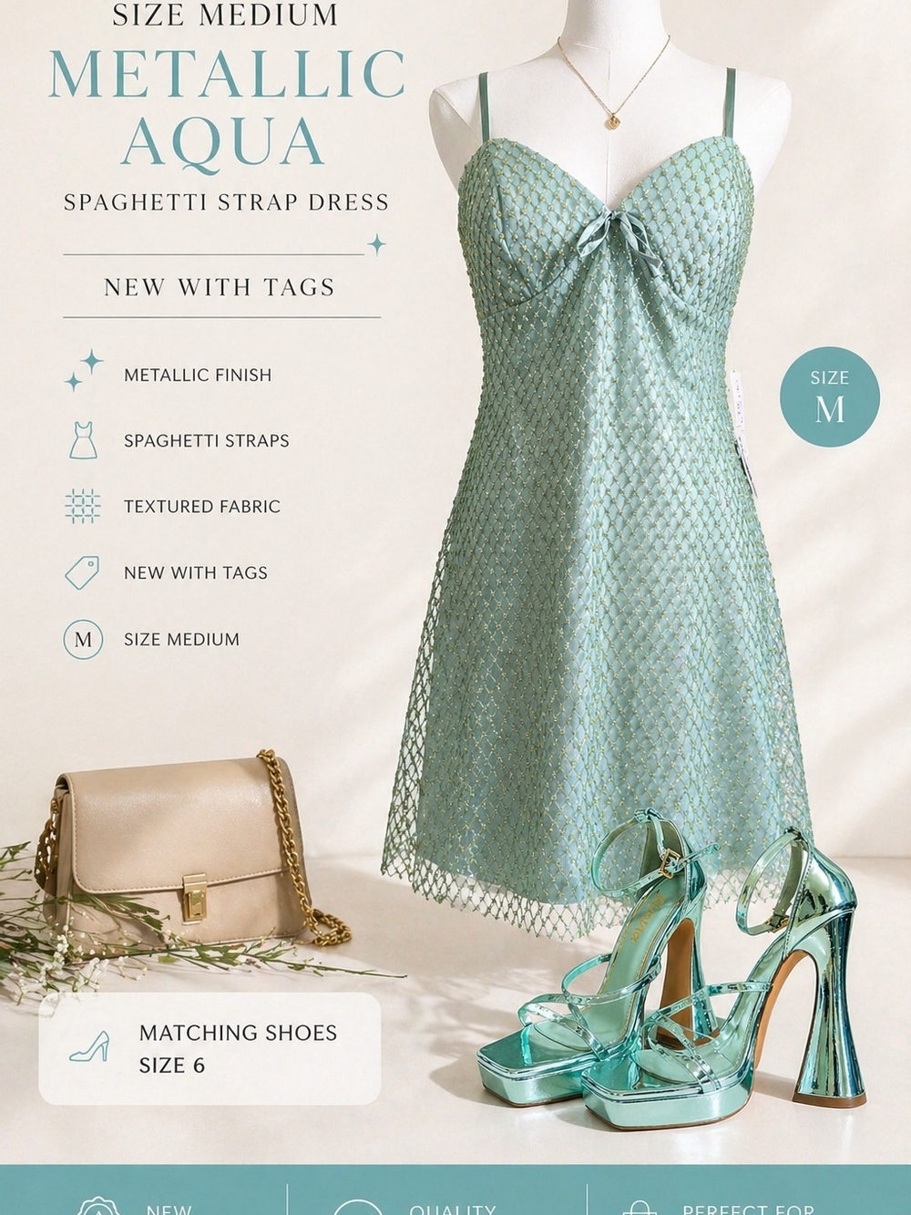 NWT Metallic Aqua Spaghetti Strap Dress - Size M
